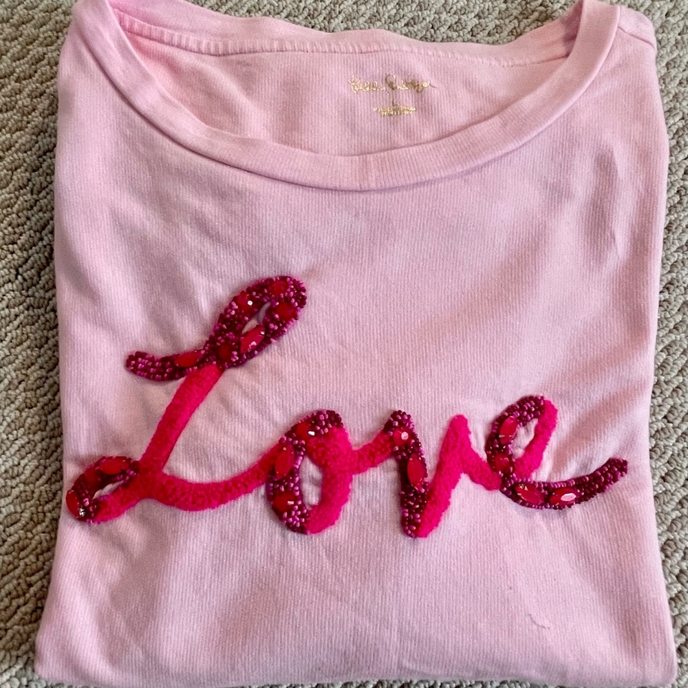 LILLY PULITZER LOVE Rami Graphic Tunic Top Embellished Cozy Sweatshirt Sz LG